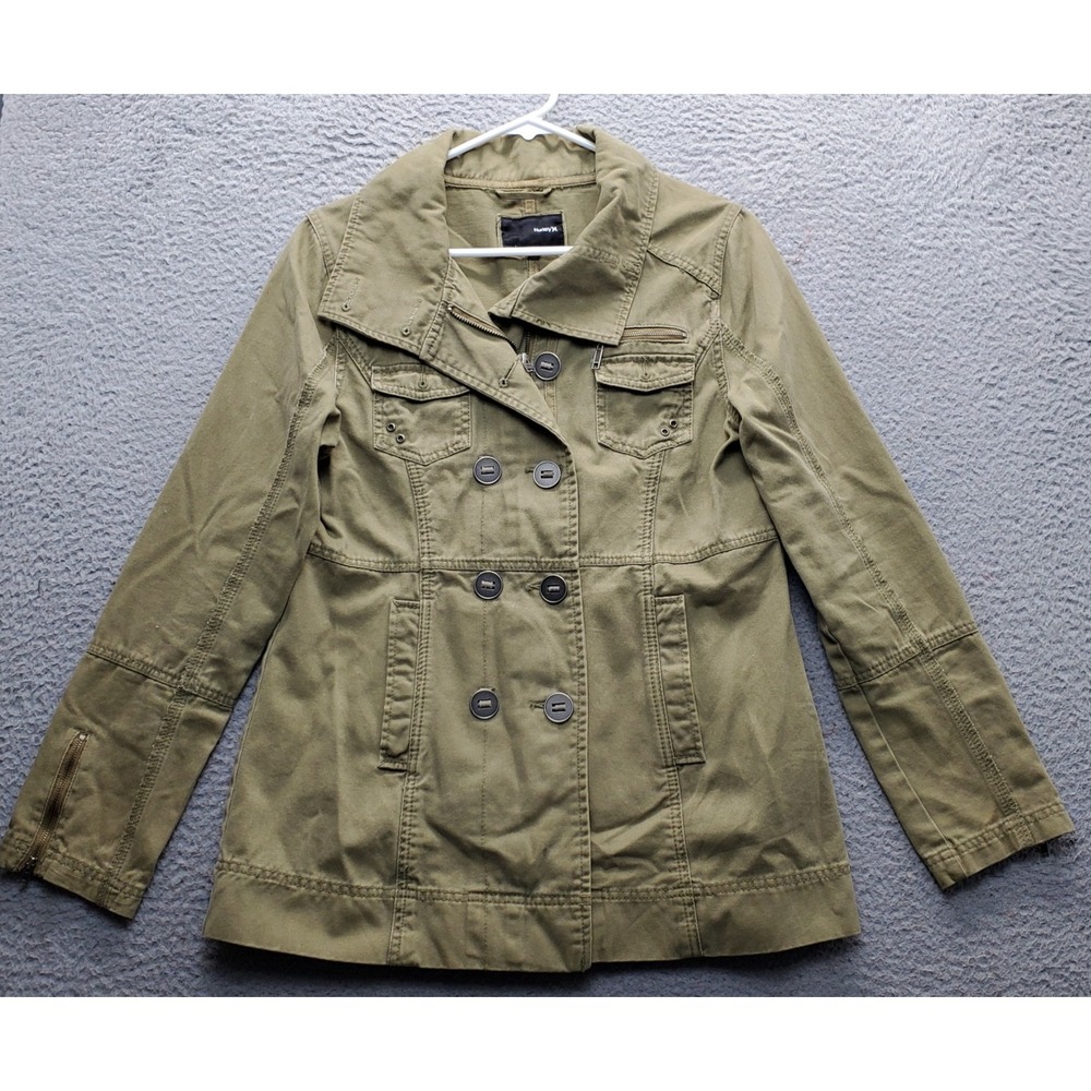 Hurley Military Jacket Womens Small Green Cotton Double Breasted Inside Zip